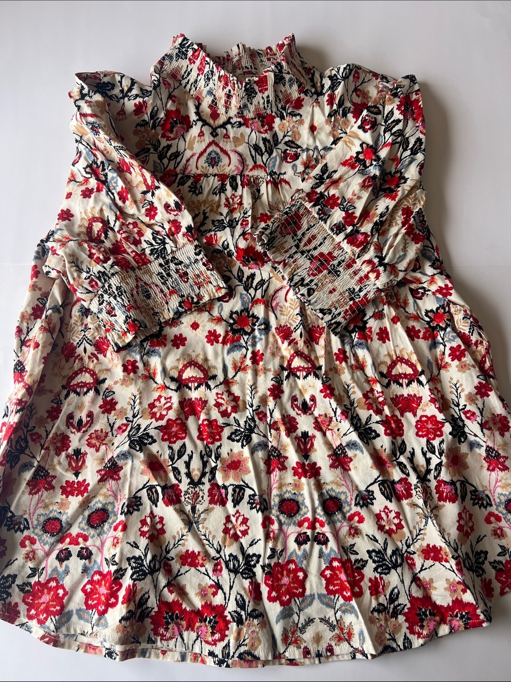 LOFT Petite Floral Smocked Blouse in Cream, Red & Black